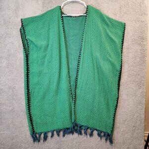 Green Blue Woven Shawl Wrap Kimono One Size Crochet Tassels Boho Cozy
